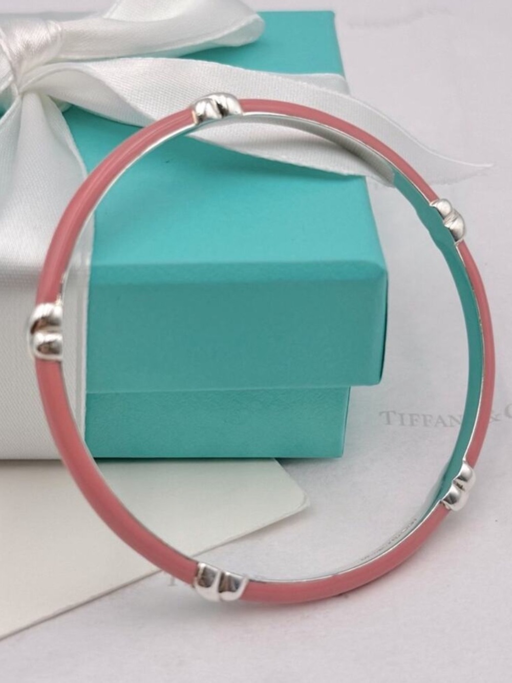 Tiffany & Co. Pink Enamel Signature X Bangle Bracelet Sterling Silver Gift Box - Picture 4 of 10